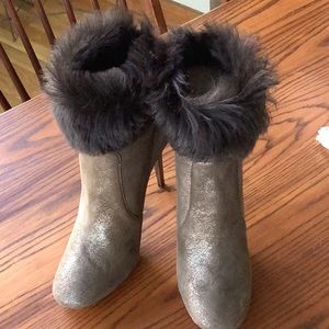 JimmyChoo ankle boots- vintage- shimmer leather shearling- metallic 4” heel